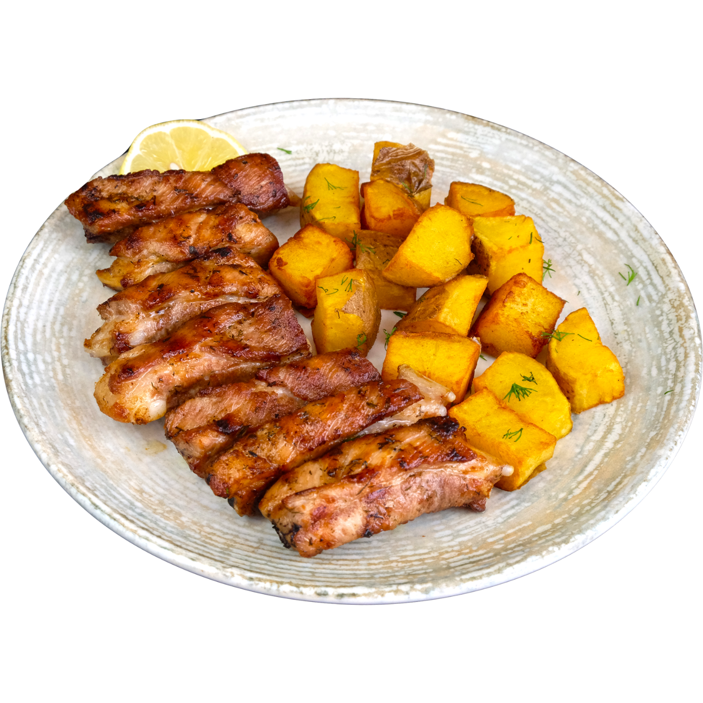 Мариновани свински ребърца на скара с гарнитура