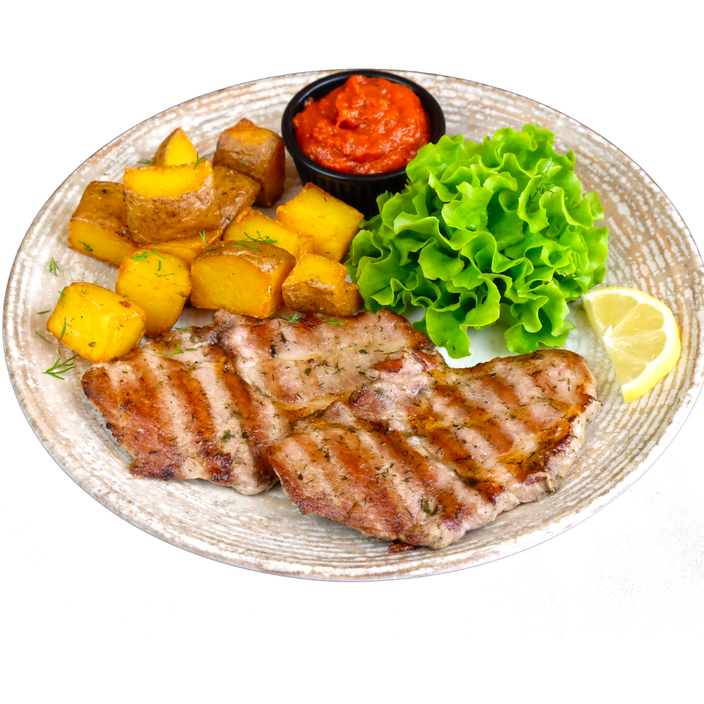 Свинска вратна пържола на скара с гарнитура